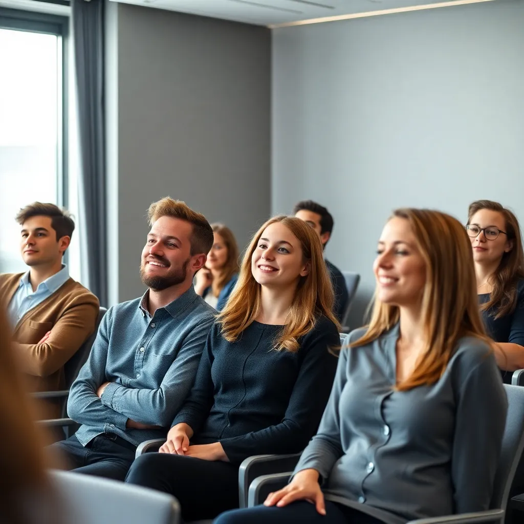 Groep jonge professionals in een moderne trainingszaal tijdens financiële workshop