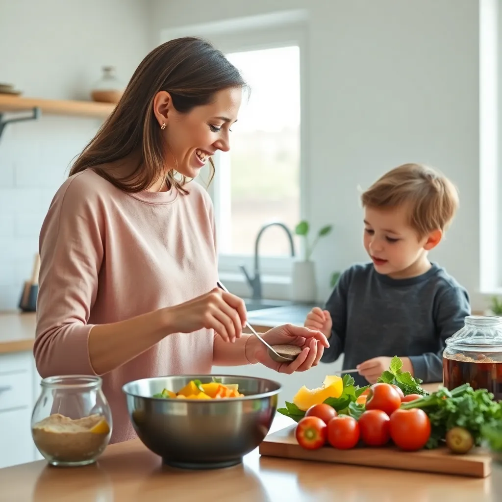 Nederlandse moeder en kind bereiden lunch thuis
