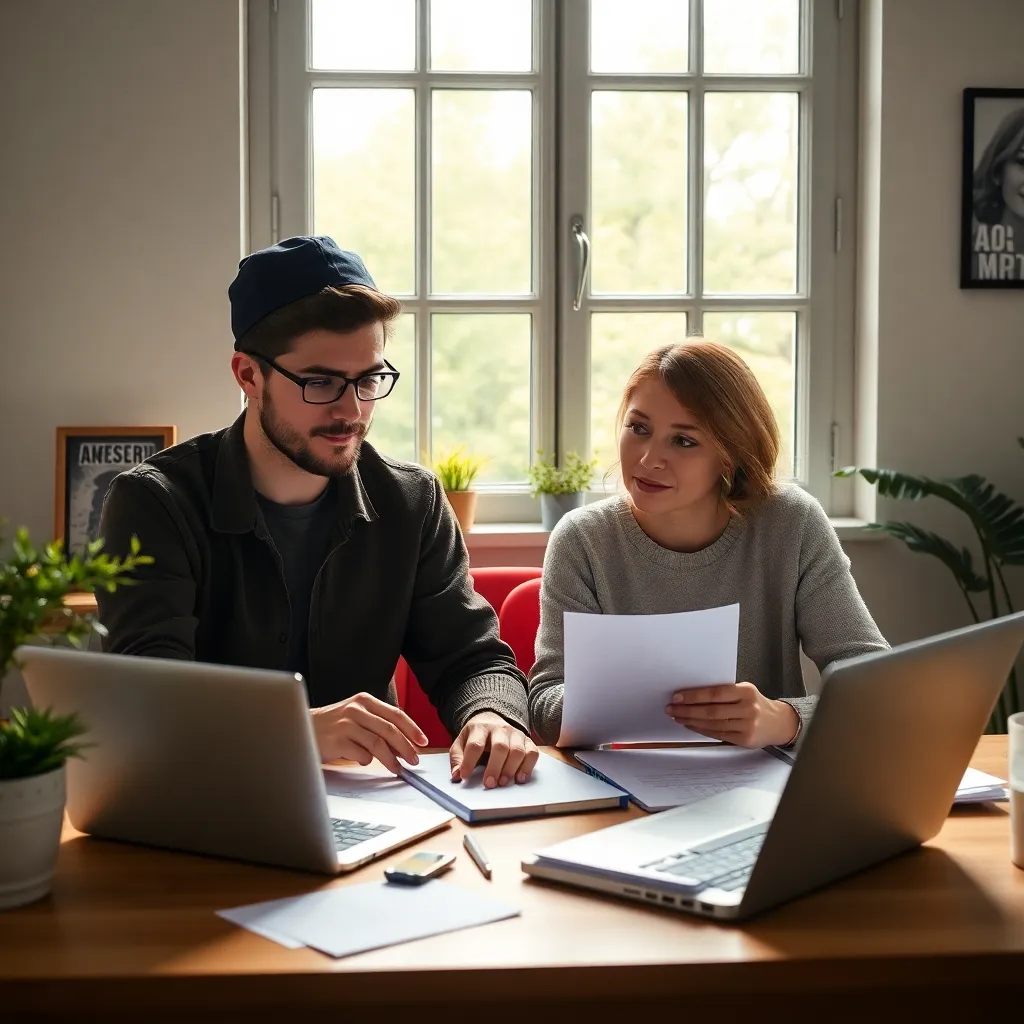 Jong stel dat thuis financiële planning doet met laptop en documenten